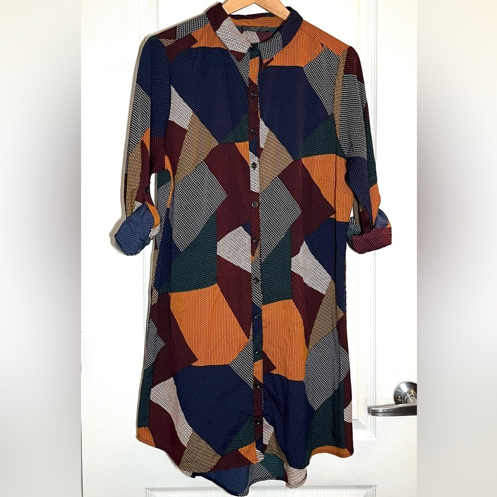 AX Paris Multicolor Geometric Tunic Shirt Dress Roll Tab Sleeves Sz 14 Patchwork